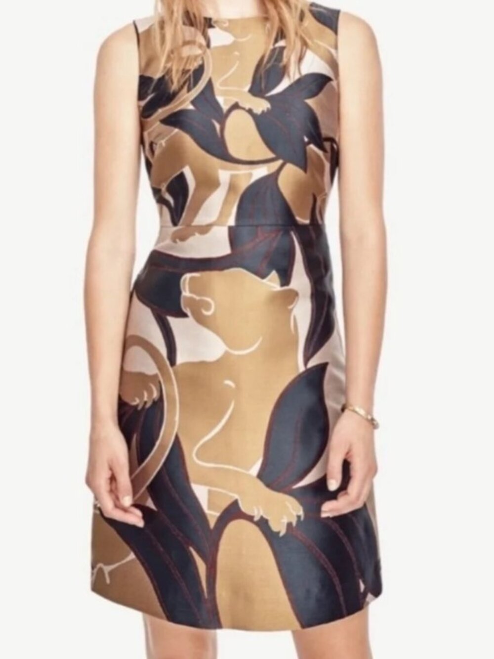 Ann Taylor Shift Dress Feline Print Gold & Navy Luxurious Design EUC Size 10